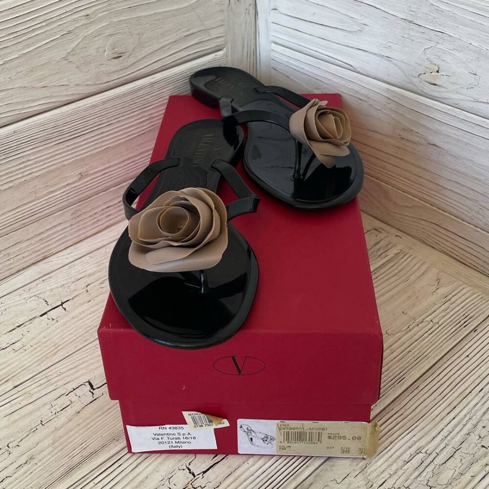 Valentino Rose Black Jelly Thong Flip Flops Sandals - Size 38